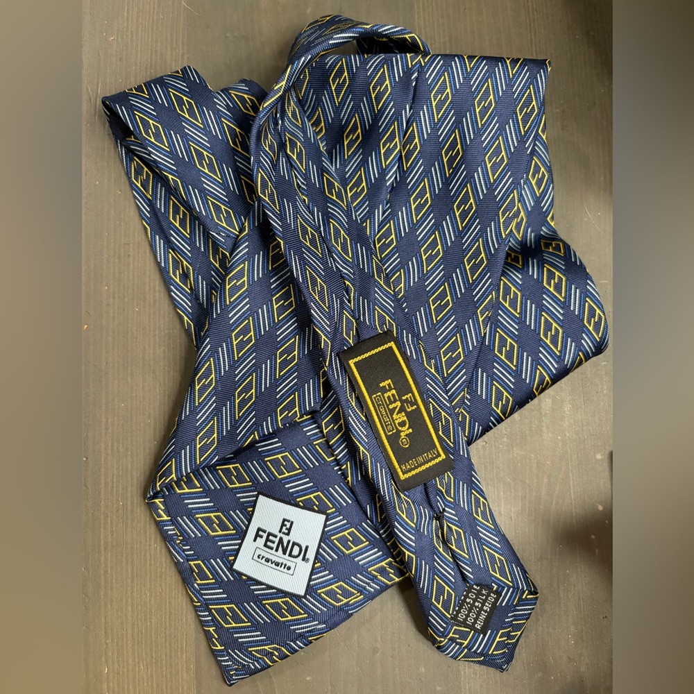 Fendi Navy & Yellow Geometric Silk Tie